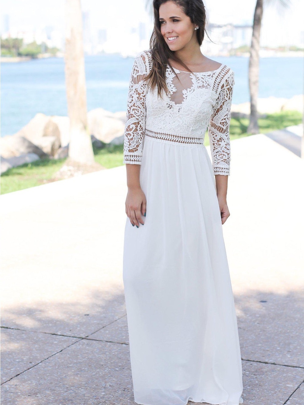 Ivory Lace Bodice Maxi Dress with Crochet Sleeves - Picture 2 of 6